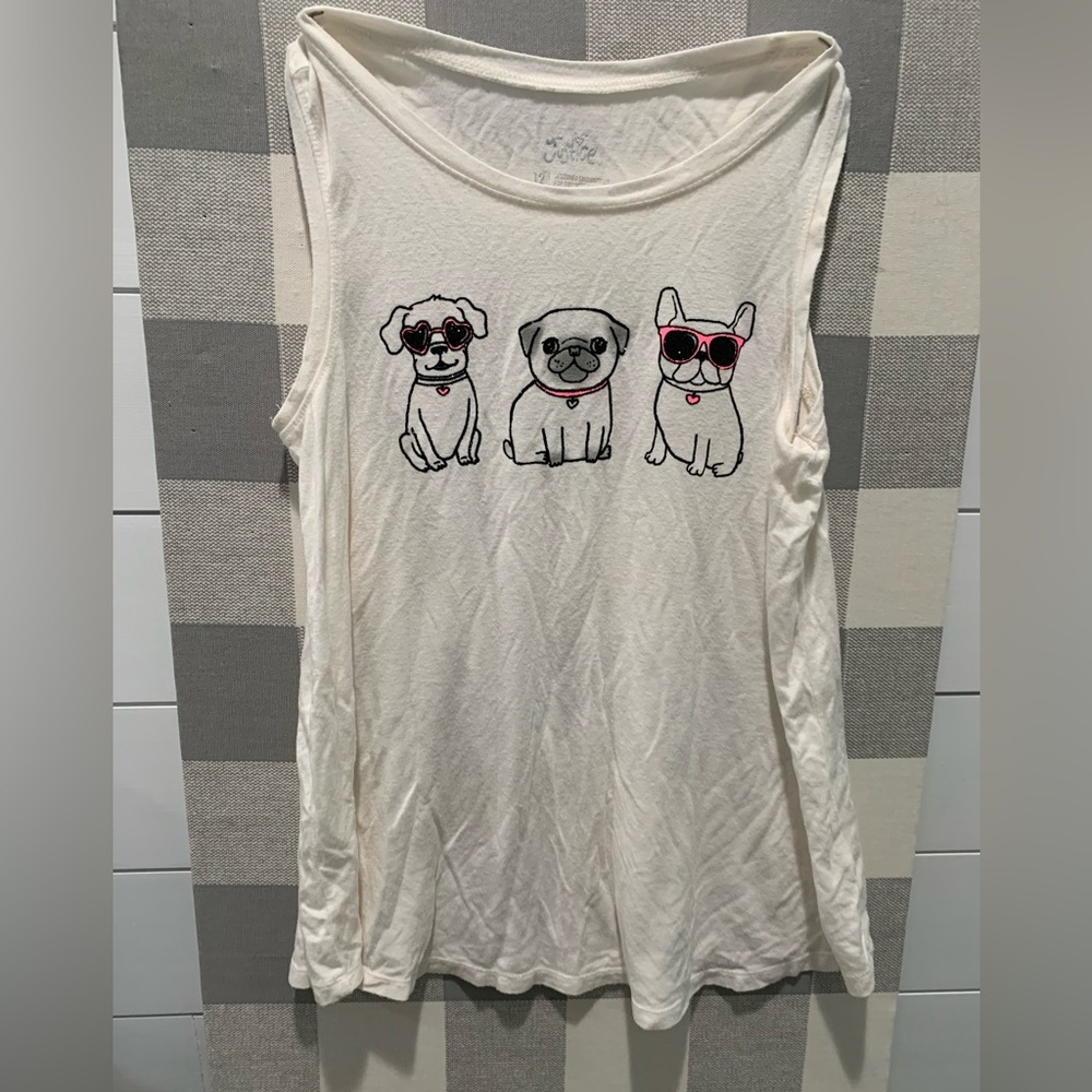Off white, Justice Dogs wearing  sunglasses shirt.